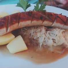 Dinner in Oberammergau, sausage, sauerkraut and boiled potatoe